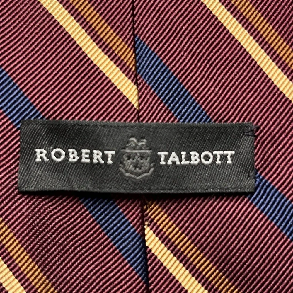 Robert Talbott Mens Silk Tie Burgundy Navy Blue Gold Striped Classic Necktie USA
